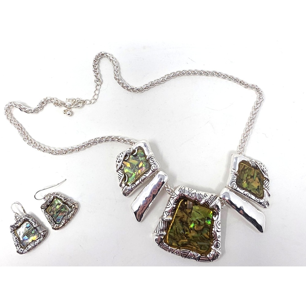 Necklace‎ And Hook Earrings Set Silver Tone Green Iridescent Fashion Jewelry
